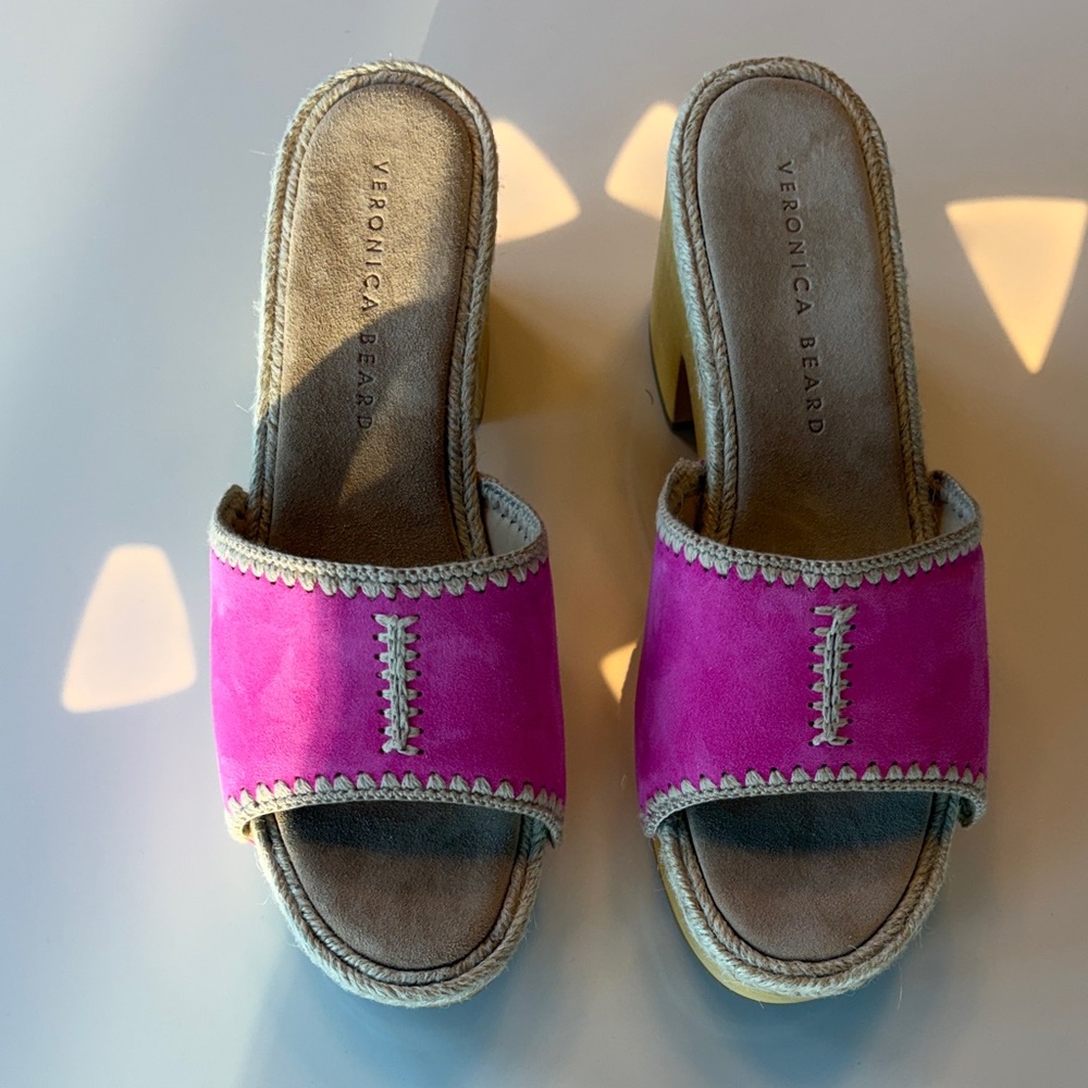 Veronica Beard Fuchsia Mules with Tan Accents